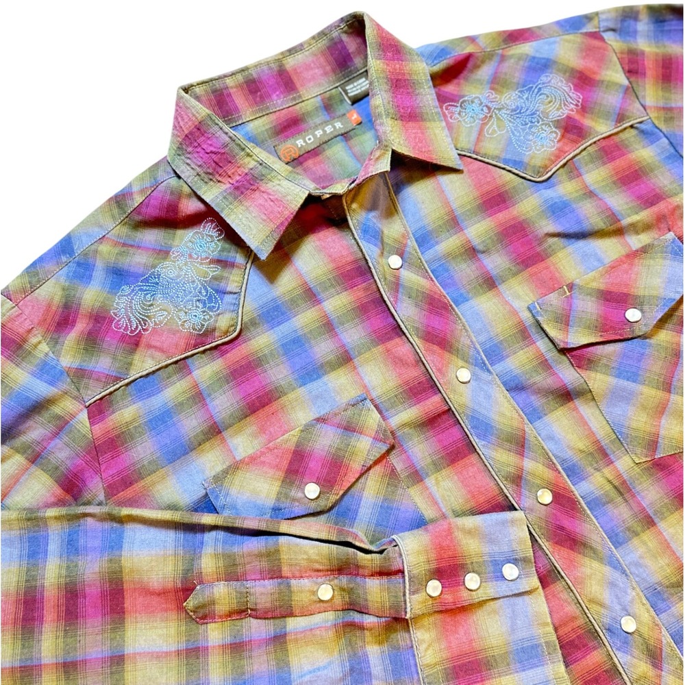 Roper Mens L Western Shirt‎ Plaid Embroidered Long Sleeve Snap Front Cowboy